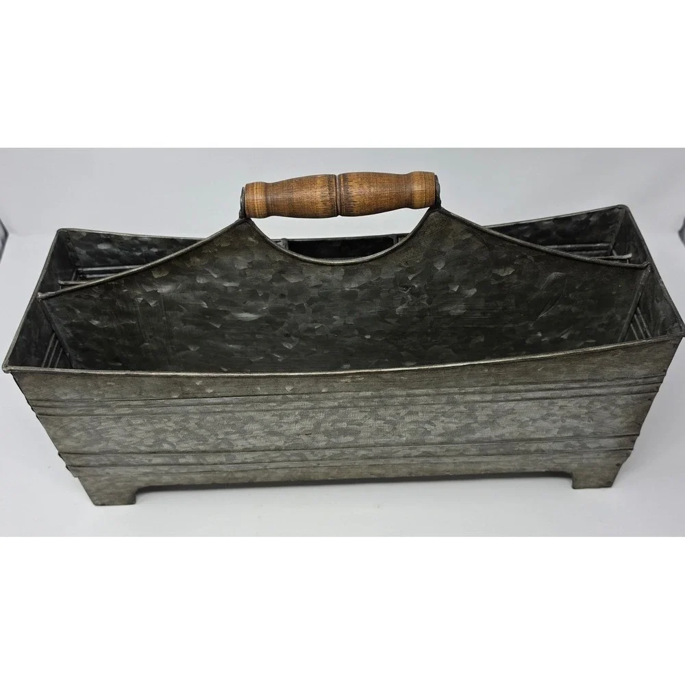 Galvanized Metal Caddy Organizer Wood Handle Farmhouse Divided Tool Box Tray